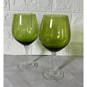Vintage Venetian Green Balloon Wine Glasses • Twisted Stem • Hand Blown Set of 2